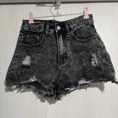 ダメージ加工 ハイウエスト ショートパンツ ブラック
