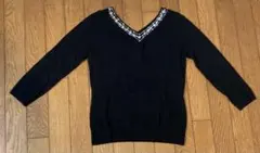 お洒落 ラインストーン ニット セーター 黒 フリーサイズ