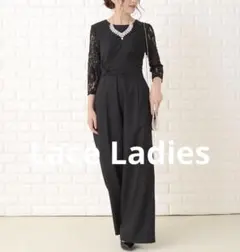 Lace Ladies レースパンツドレス オールインワン ブラック S