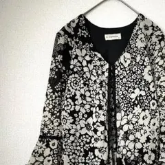 b-impression ブラウス Ｖネック 七分袖 花柄 レース 袖フレア