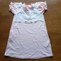 ピンク レース装飾 フリル袖 ワンピース