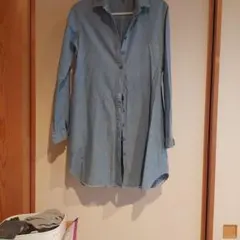 デニム風長袖シャツワンピースライトブルー