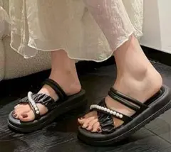 パール付き サンダル レディース ブラック フリル フラット 夏23cm