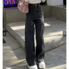 【未使用】グレイル　GRL ハイウエストダークグレー デニムパンツ　ブラック