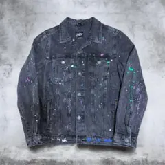 【美品】ZARA デニムジャケット ペイント加工 ブラック Gジャン M