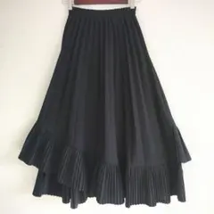 ブラックプリーツフリルロングスカート ウエストゴム