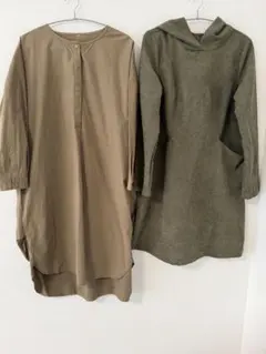 カーキ/ベージュ　パーカーワンピ/セミロングシャツワンピース　2点セット