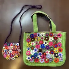 羊毛フェルト　トートバッグ　ショルダーポーチ　セット　花柄