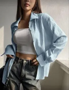 ブルー 長袖シャツ Mサイズ