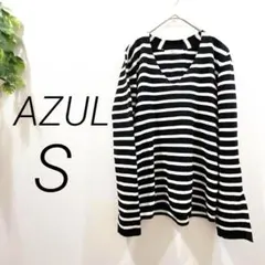 AZUL ボーダー　薄手ニット　ブラック　長袖　カットソー　Ｖネック　春秋
