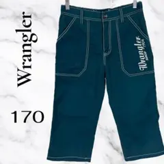【Wrangler】クロップドデニムパンツ　ロゴ刺繍　薄手　グリーン　66〜74