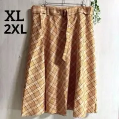 1点もの オレンジ チェック柄 フレアスカート XL 2XL ひざ丈 スカート