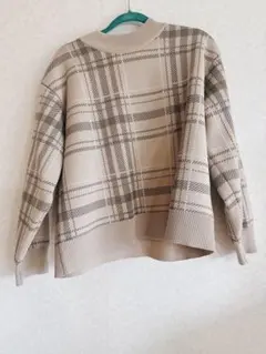 ベージュ チェック柄 ニットセーター LL レディース