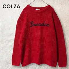 コルザ 丸襟 ワッフル ニットセーター 刺繍ロゴ レッド プルオーバー 鮮やか
