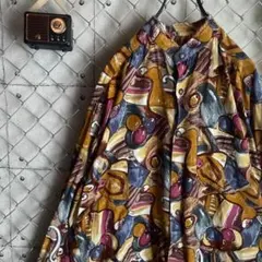 ヴィンテージ 90s レーヨン 総柄シャツ バンドカラー 長袖 アート柄 L