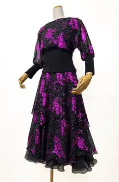 華麗】新品 社交ダンス 2WAYセットアップツーピース 赤花柄 フリル