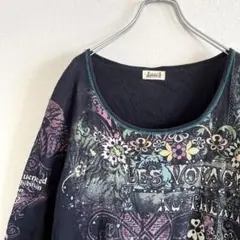 used y2kデザインロンT 花柄 ブラック 春服 USA製 海外古着