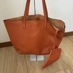 オレンジ レザー トートバッグ ポーチ付き