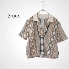 ZARA 半袖 クロシェ編み ニットポロ S クロップド スキッパー ナチュラル