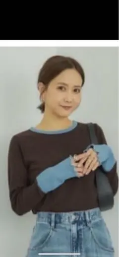 値下げしまむら　田中里奈 mysa テレコ配色ブラウン 水色 長袖 トップス M
