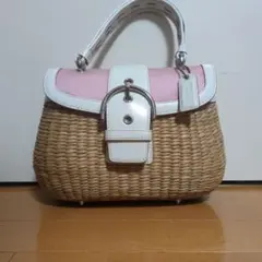 コーチ 4419 ハンドバッグ ピンク×ベージュ  COACH  籠 ストロー COACH コーチ カゴバッグ ストローバッグ ホワイト ピンク｜Yahoo