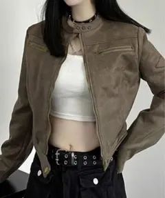 ブラウン スエード風 クロップドジャケット【サイズL】