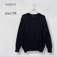 インディヴィ　Vネックセーター　長袖ニット　羊毛混　カシミヤ混　ネイビー