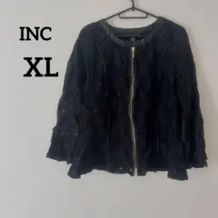INC 【XL】透け感ある柄 ジップアップブラックジャケット