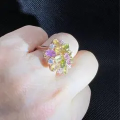 天然トルマリンピンク、緑、黄色、白のシルバー925フラワーリング★AB759