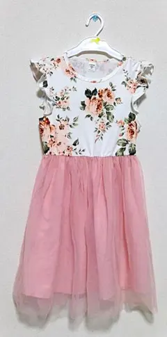 フラワープリント ノースリーブワンピース リボン付き 90㎝～100㎝