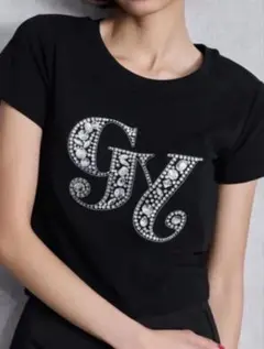 ビジュー付きロゴ 黒 半袖Tシャツ