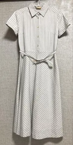 ヒューマンウーマン　半袖シャツワンピース　ドビー織りホワイトＸブルーストライプ