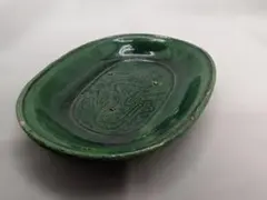 珉平焼 緑釉陰刻雲龍文 小判形小皿 豆皿 手塩皿 淡路焼 江戸期 骨董龍_39のサムネイル