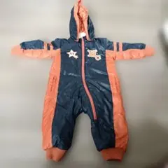 フード付きジャンプスーツ 90cm中綿入り 防寒アウターオレンジ・ネイビー