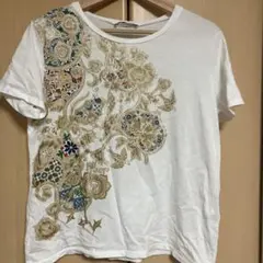 ZARA ゴールドプリント 半袖Tシャツ ホワイト Mサイズのサムネイル