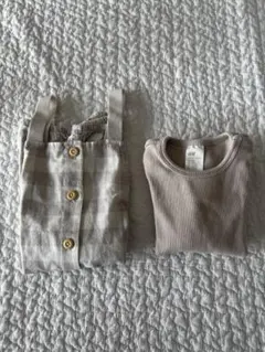 ベージュ チェック柄オーバーオールセット