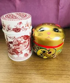 空き缶のディズニーリゾート招き猫 小物入れ 空き缶 金色 招福お茶缶 2個セット