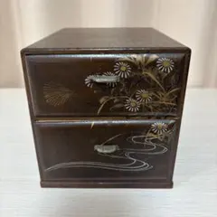 アンティーク　木製　和小物入れ　2段　花柄　7682