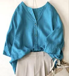 美品 TICCA ティッカ リネンフレンチスリーブバンドカラーシャツ
