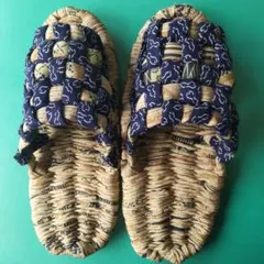 黄色と紺色編み込み布草履スリッパ