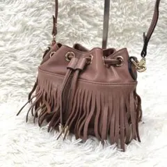 【美品】HASHIBAMI 巾着フリンジ ショルダーバッグ ブラウン