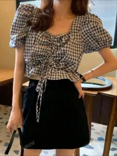 Honeyspot パフスリーブ ドローストリング リル裾クロップブラウス