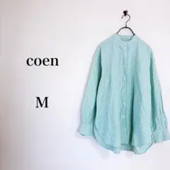 coen（M）コットンブレンドバンドカラーシャツ　グリーン　ストライプ　長袖のサムネイル