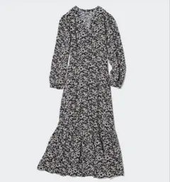 UNIQLO プリントVネックフレアワンピース　長袖　ピンク　花柄　L