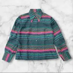 総柄デザインシャツブラウスボーダー柄レトロポップグリーンピンクとんがり襟古着