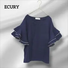 ECURY ブラウス　半袖　フリル袖シャツ　カジュアル　ネイビー
