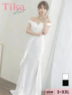 オフショルダーサイドフリルワンカラースリットタイトロングドレス