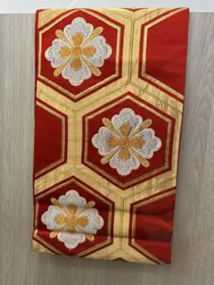 赤地 六角形 花柄 袋帯