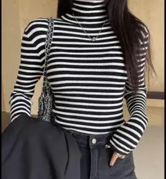 タートルネック 黒白ストライプ セーター L