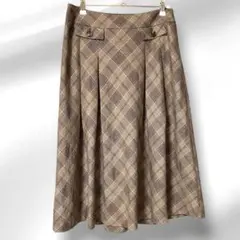 コルニーチェ　ロングフレアスカート　チェック　40サイズ　羊毛　ブラウン　K17